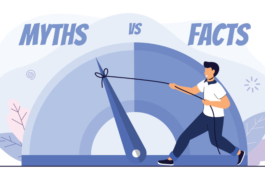 myths vs facts scale with a cartoon man pulling the dial